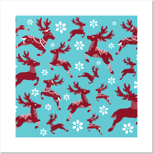 Blue Christmas Reindeer Pattern Posters and Art